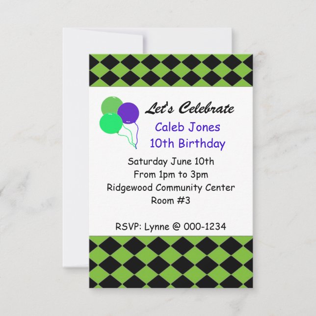 Black and Green Diamond Birthday Invitation (Front)