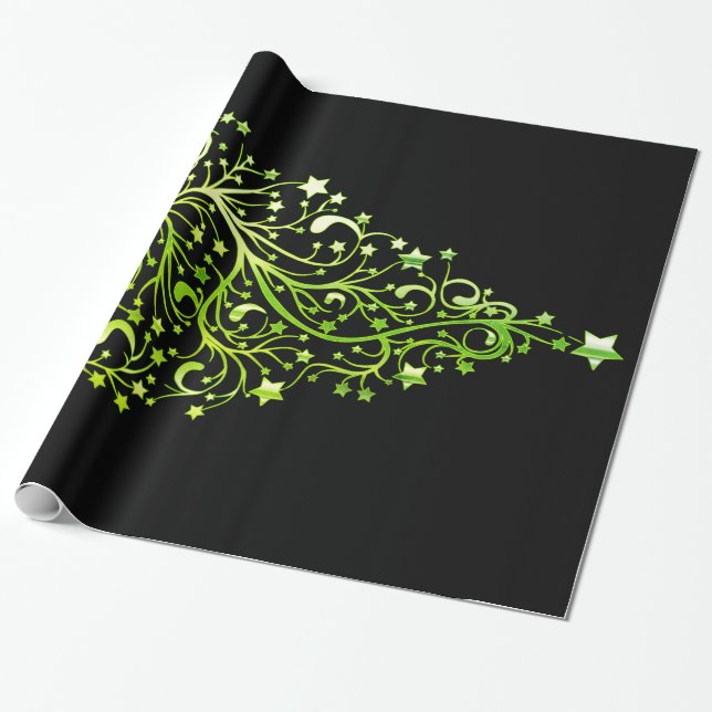 Black and Green Elegant Chic Christmas Tree Stars Wrapping Paper (Unrolled)