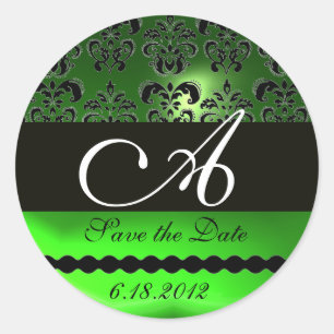 BLACK AND GREEN EMERALD DAMASK MONOGRAM, CLASSIC ROUND STICKER
