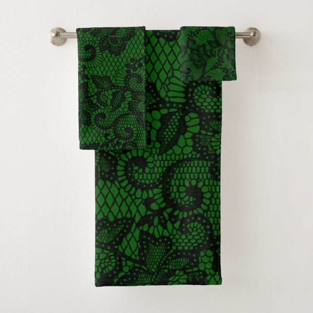 Black And Green Faux Lace  Bath Towel Set (Insitu)