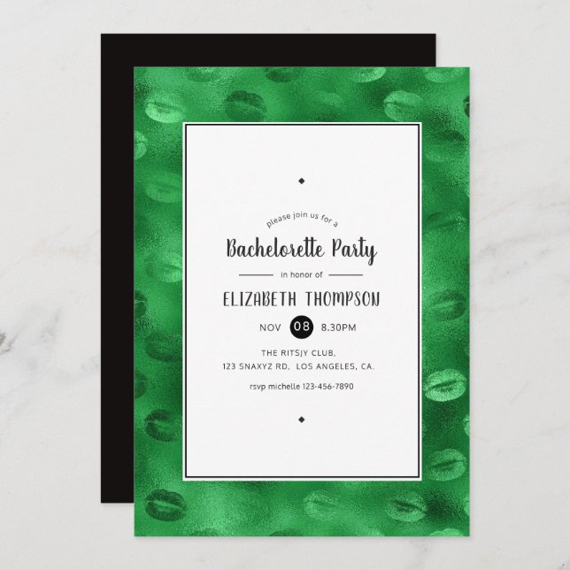 Black and Green Glam Lips Bachelorette Party Invitation (Front/Back)