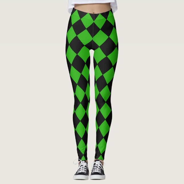 Black and Green Harlequin Diamond Checked Pattern Leggings (Front)