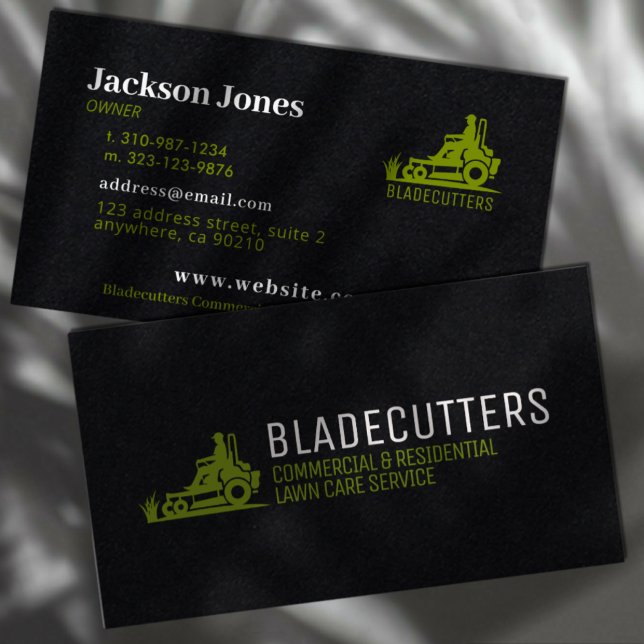 Black and Green Lawn Care + Mowing Business Cards (Creator Uploaded)