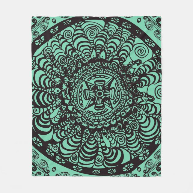 Black and Green Mandala Fleece Blanket (Front)