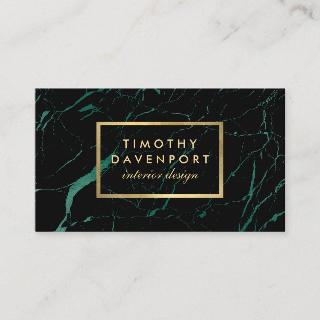 Black and Green Marble with Faux Gold Text I Business Card (Front)