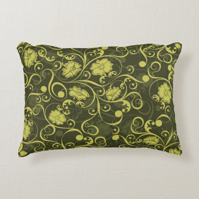 Black and Green Nature Illustrated Floral Pattern Decorative Cushion (Front)