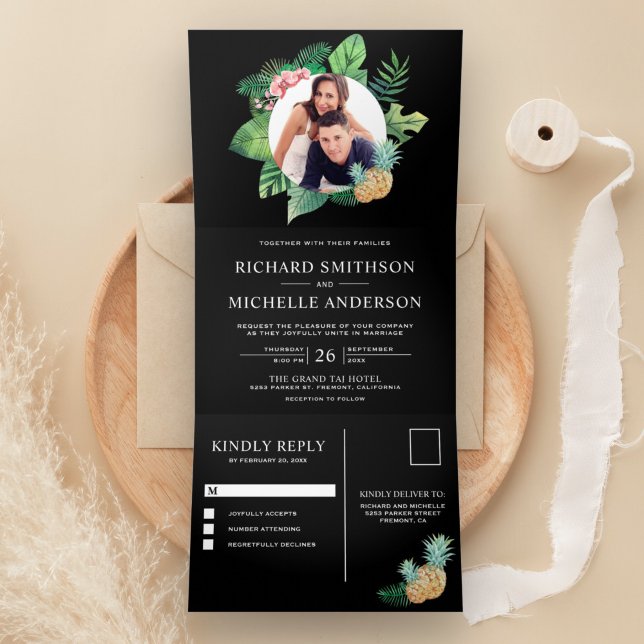 Black and Green Palm Leaves Wreath Photo Wedding Tri-Fold Invitation (Creator Uploaded)