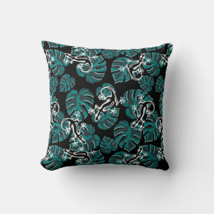 Black And Green Pattern - Geckos And Leaves Cushion