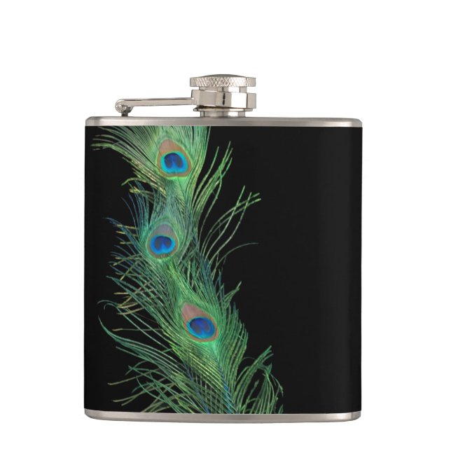 Black and Green Peacock Feathers Hip Flask (Front)