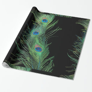 Black and Green Peacock Feathers Wrapping Paper