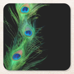 Black and Green Peacock Square Paper Coaster