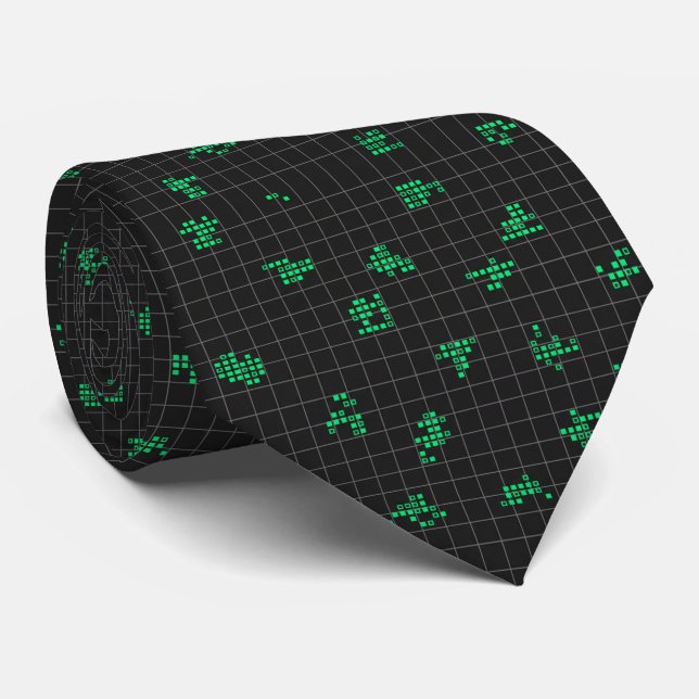 Black and Green Retro Pixelated Matrix Code  Tie (Rolled)