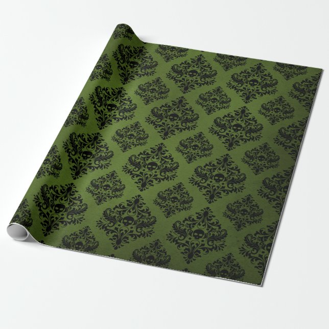 Black and Green Rustic Damask Print Wrapping Paper (Unrolled)