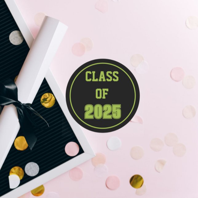 Black and Green School Colours Class Year Classic Round Sticker (In Situ Graduation)
