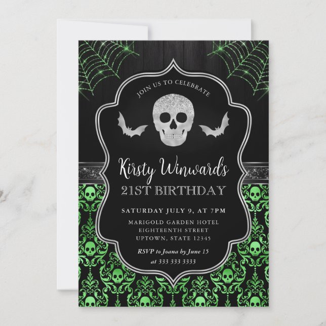 Black and Green Skull and Cobwebs 21st Birthday Invitation (Front)