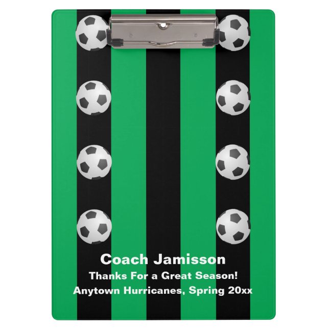 Black and Green Stripe, Thank You Soccer Coach Clipboard (Front)