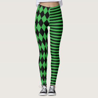Black and Green Stripes and Diamond Clown Leggings