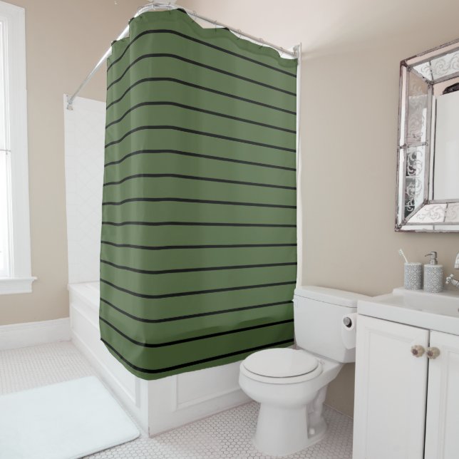 Black and Green Stripes Geometric Pattern Shower Curtain (In Situ)