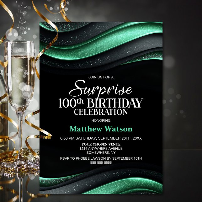 Black and Green Surprise 100th Birthday Invitation (Creator Uploaded)