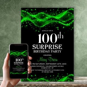 Black and Green Surprise 100th Birthday Party Invitation