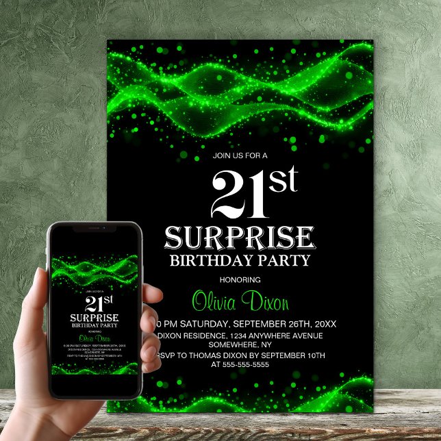 Black and Green Surprise 21st Birthday Party Invitation (Creator Uploaded)