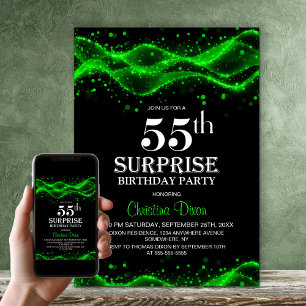 Black and Green Surprise 55th Birthday Party Invitation