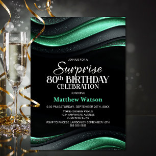Black and Green Surprise 80th Birthday Party Invitation