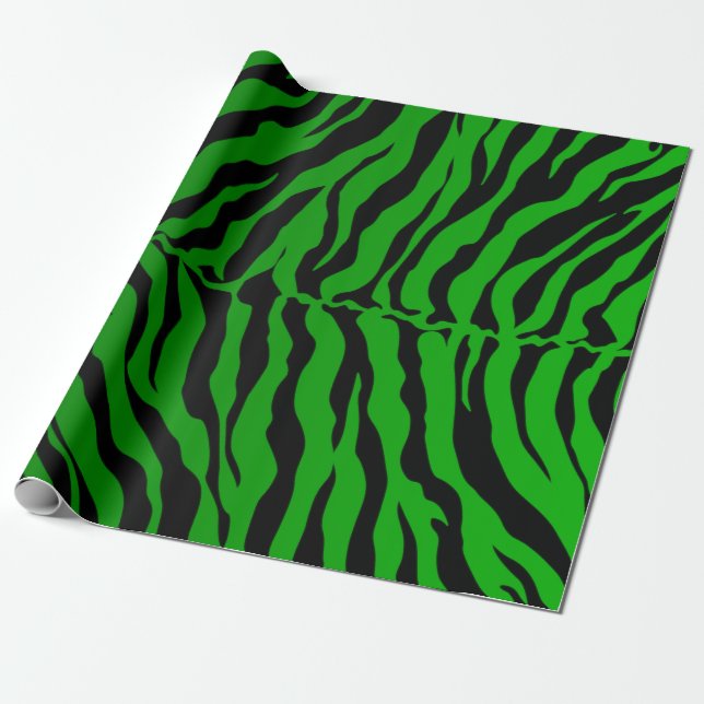 Black And Green Tiger Stripes Animal Print Wrapping Paper (Unrolled)