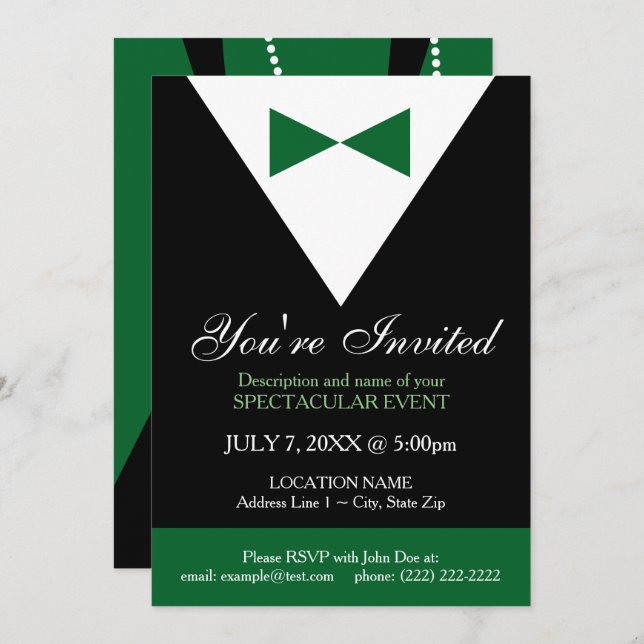 Black and Green Tuxedo Modern Party Invitations (Front/Back)