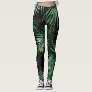 black and green Watercolor Palm Leaves Leggings