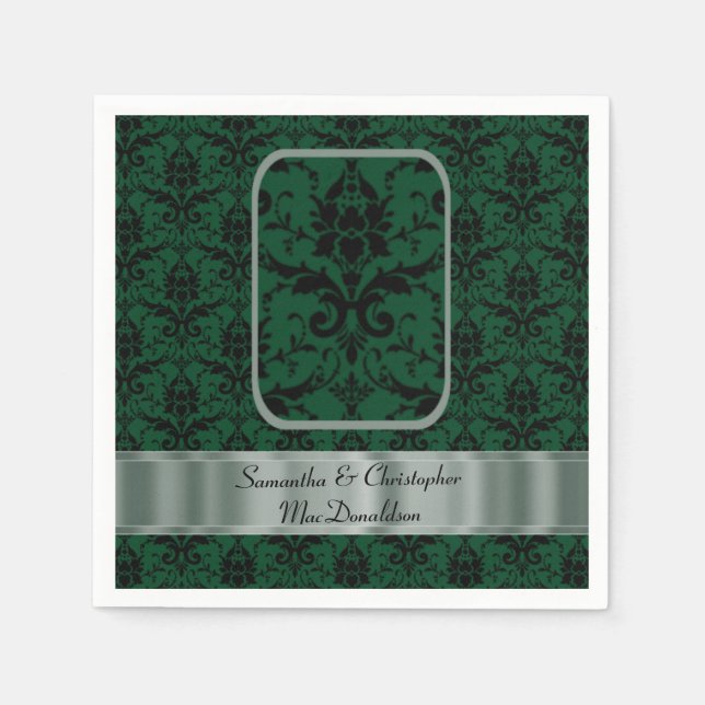 Black and green wedding damask pattern napkin (Front)