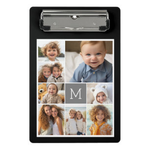 Black and Grey 8 Photo Collage classic monogram Mini Clipboard