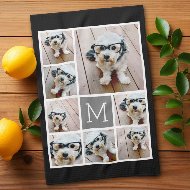 Black and Grey 8 Photo Collage classic monogram Tea Towel (Personalized kitchen towel with 8 photos)