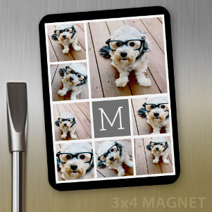 Black and Grey 8 Photo Collage - with monogram Magnet