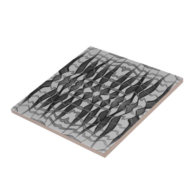 Black And Grey Abstract Feathered Floral Leaves  Ceramic Tile (Side)