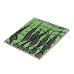 Black And Grey Abstract Feathered Floral Leaves Ceramic Tile