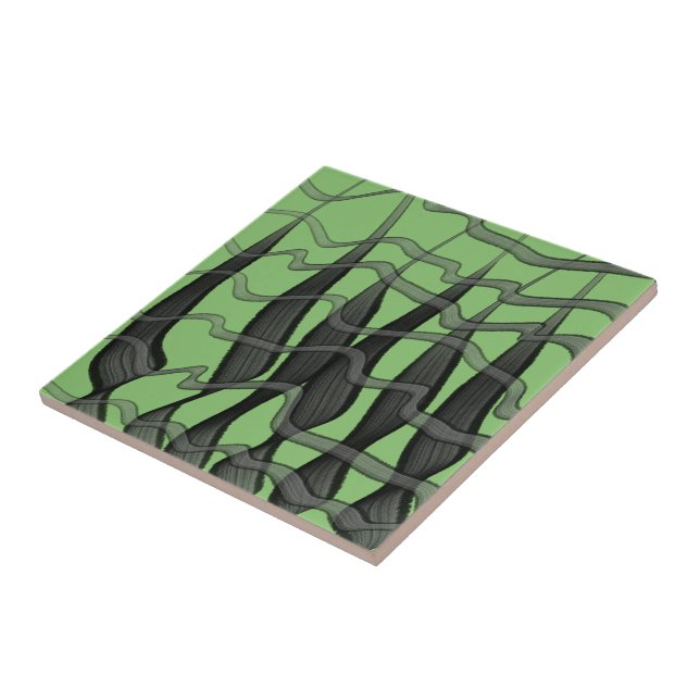 Black And Grey Abstract Feathered Floral Leaves  Ceramic Tile (Side)