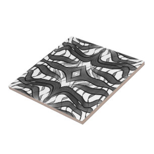 Black And Grey Abstract Feathered Floral Leaves Ceramic Tile
