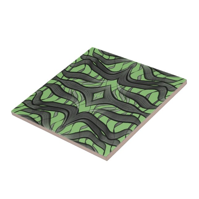 Black And Grey Abstract Feathered Floral Leaves  Ceramic Tile (Side)