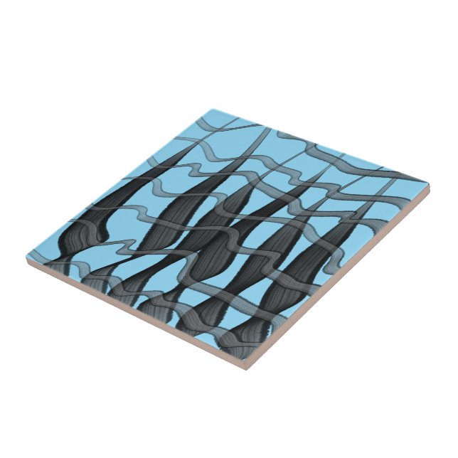 Black And Grey Abstract Feathered Floral Leaves  Ceramic Tile (Side)