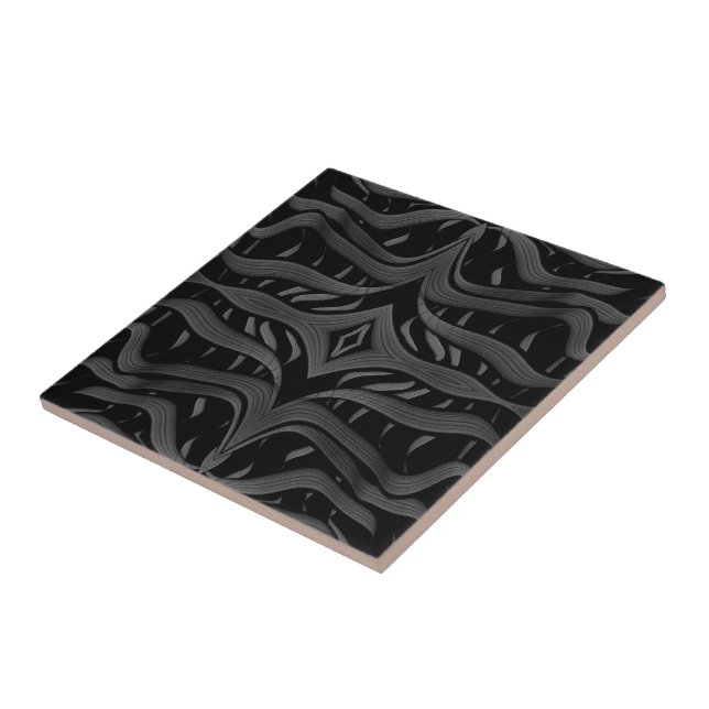 Black And Grey Abstract Feathered Floral Leaves  Ceramic Tile (Side)