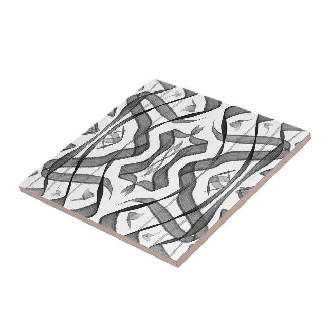 Black And Grey Abstract Mirrored Feathered Leaves  Ceramic Tile (Side)