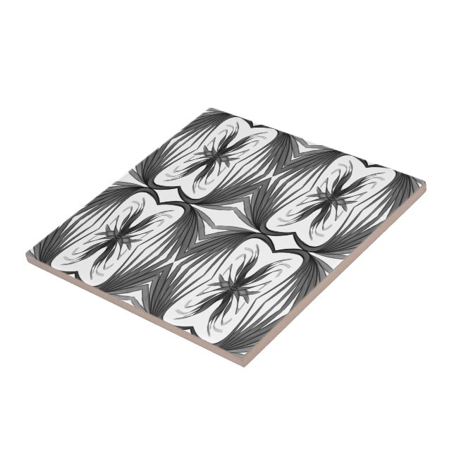 Black And Grey Abstract Mirrored Feathered Leaves  Ceramic Tile (Side)
