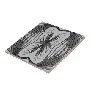 Black And Grey Abstract Mirrored Feathered Leaves  Ceramic Tile
