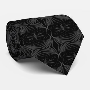 Black And Grey Abstract Mirrored Feathered Leaves Tie