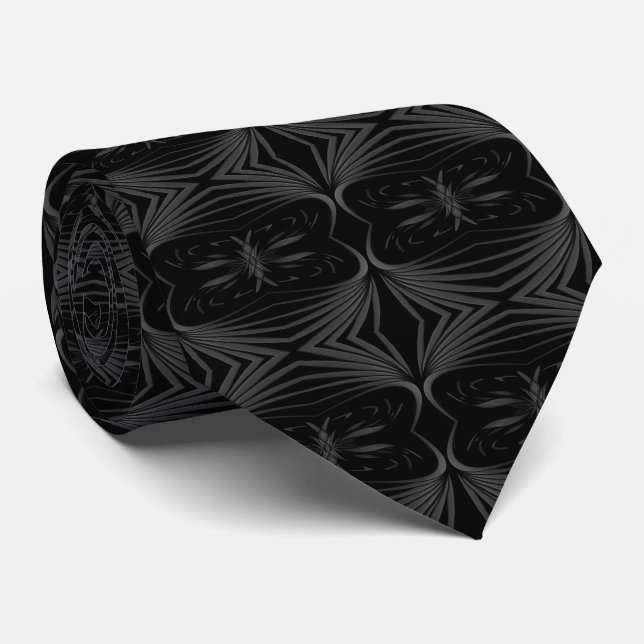 Black And Grey Abstract Mirrored Feathered Leaves Tie (Rolled)