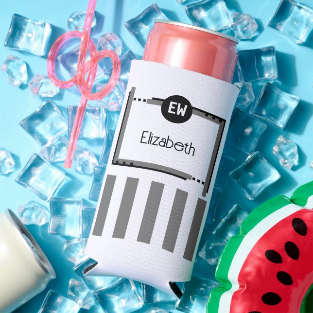 Black and grey add initials name stripes seltzer can cooler (In Situ Summer)