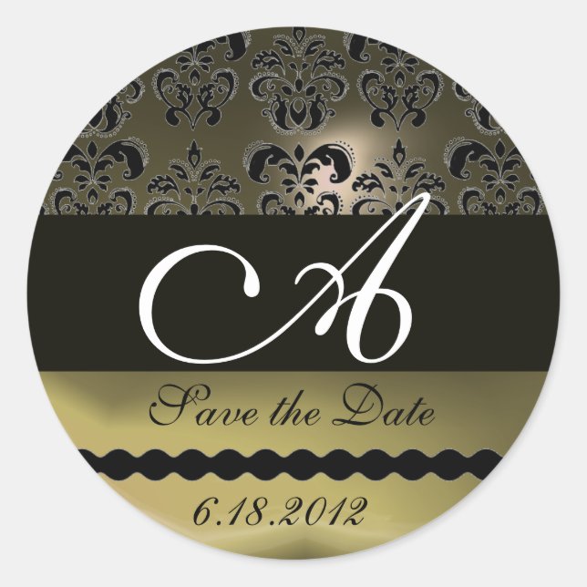 BLACK AND GREY AGATE DAMASK MONOGRAM, CLASSIC ROUND STICKER (Front)