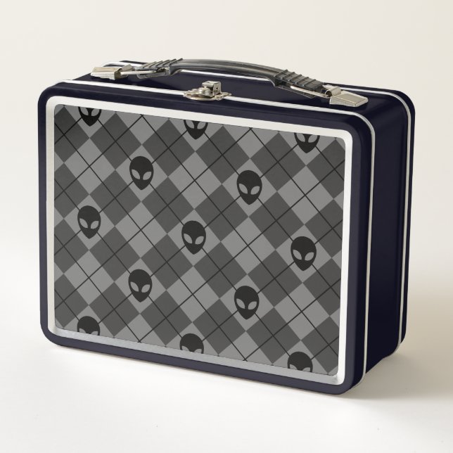 Black and Grey Alien Argyle Pattern Metal Lunch Box (Front)