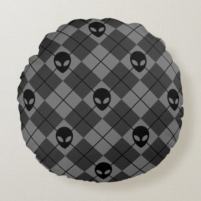 Black and Grey Alien Argyle Pattern Round Cushion (Front)